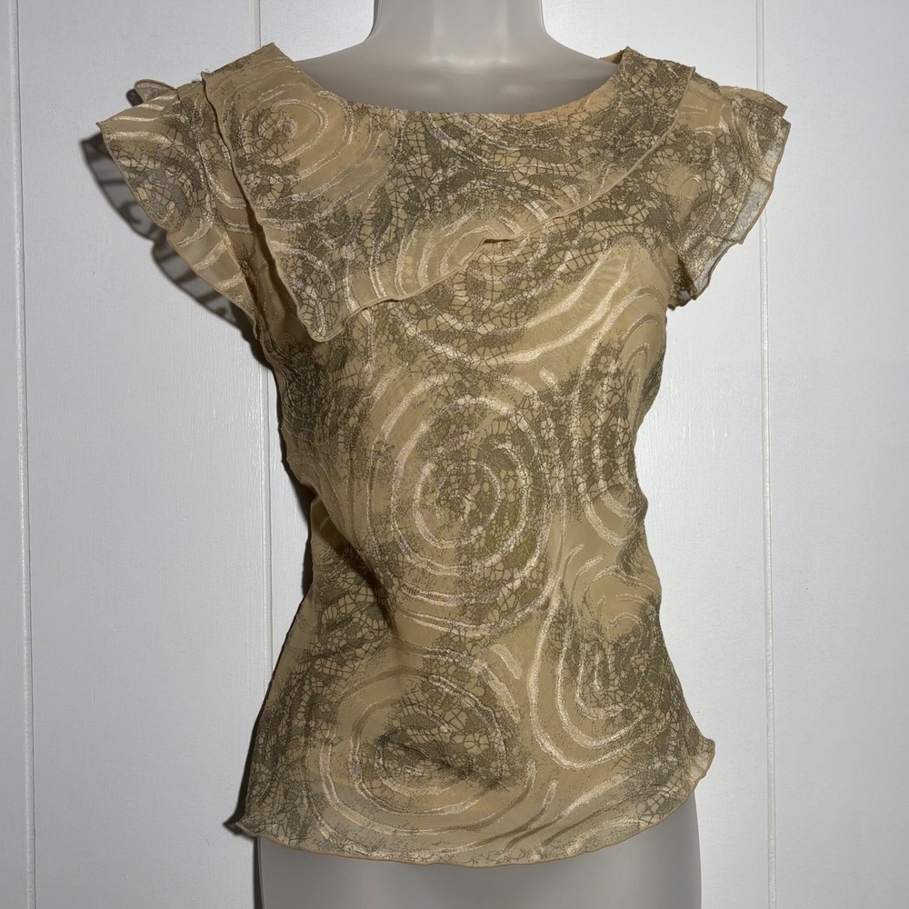 Y2K Tan Swirl Sheer Chiffon Mesh Ruffle Neck Flutter Sleeve Blouse Size 10